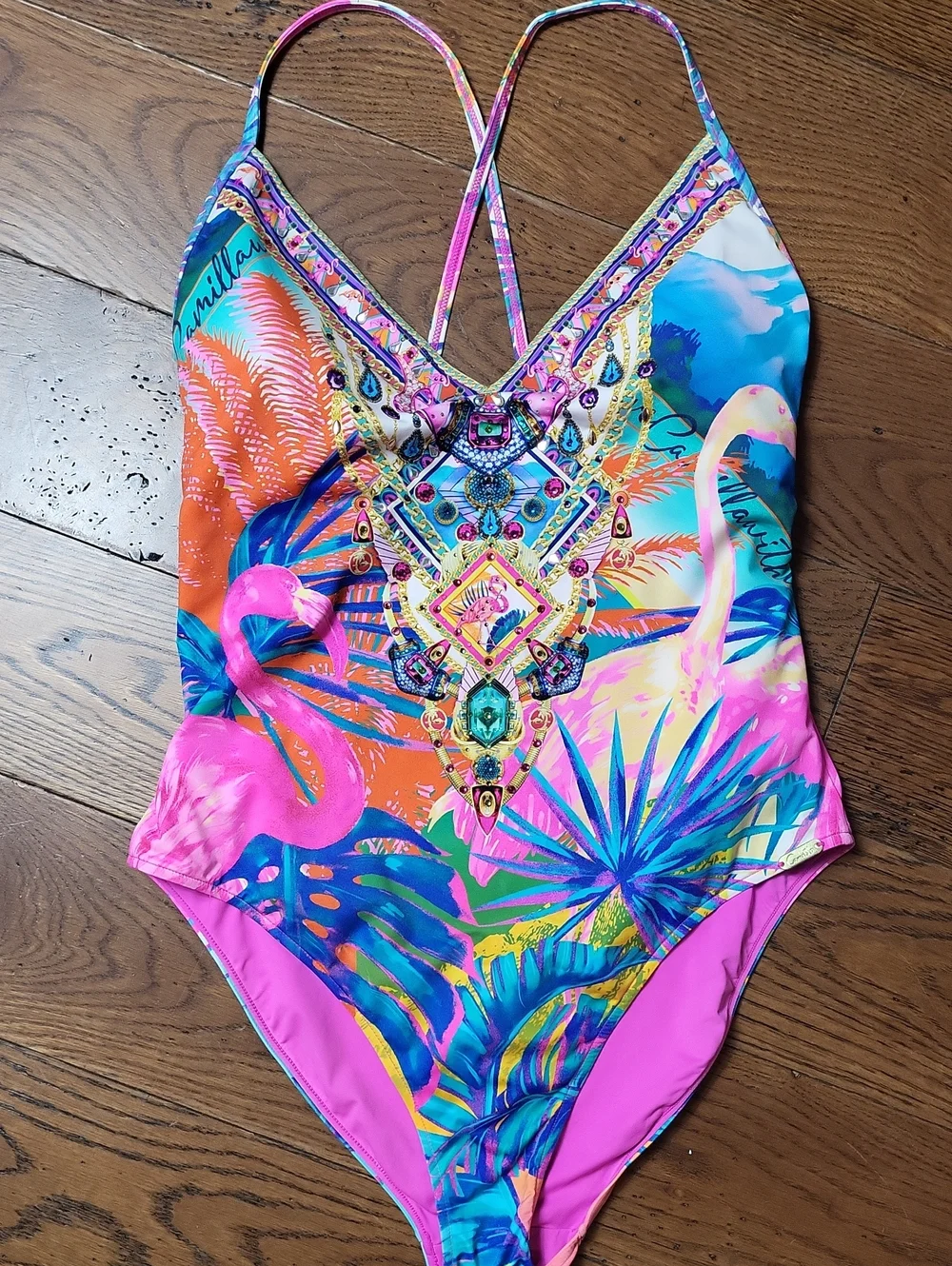 CAMILLA Flamenco Flamingo Crystal V Neck High Leg One Piece Swimsuit. Size M
